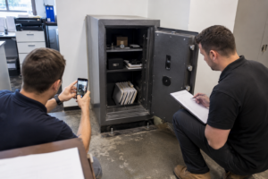 Technicians documenting and inspecting a commercial safe before decommissioning and removal from an office