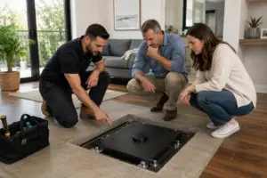 Homeowners and a technician inspecting a floor safe bolted into a concrete floor before property settlement.