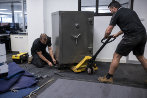 Professional team removing a heavy commercial safe from an office using specialist equipment