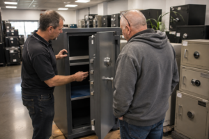 Customer inspecting a refurbished commercial safe with a security specialist before purchasing a second-hand safe
