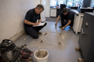 Technicians inspecting anchor bolt holes and measuring the floor after removing a commercial safe