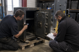 Technicians inspecting the structural condition and locking mechanism of a removed commercial safe before resale or recycling