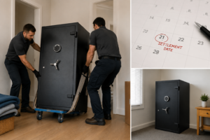 professional movers relocating a heavy safe around a settlement date